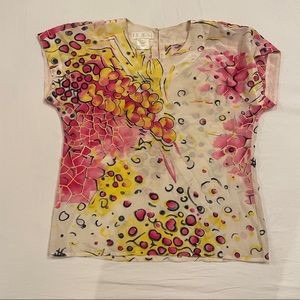 Escada Graffiti Pink Yellow Silk Blouse Small Vintage